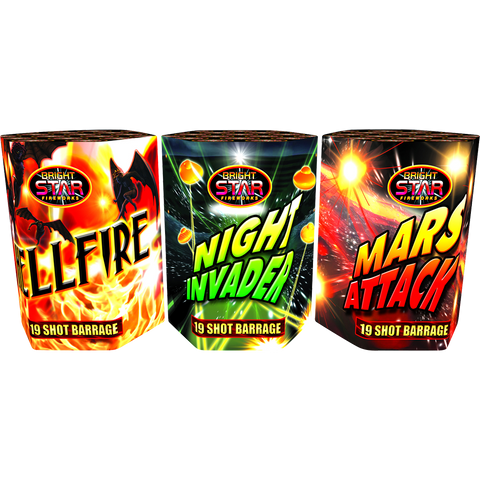 HELLFIRE/MARS ATTACK/of 19-shot Barrages 3 Pack by Bright Star Fireworks- BUY 1 GET 1 FREE!