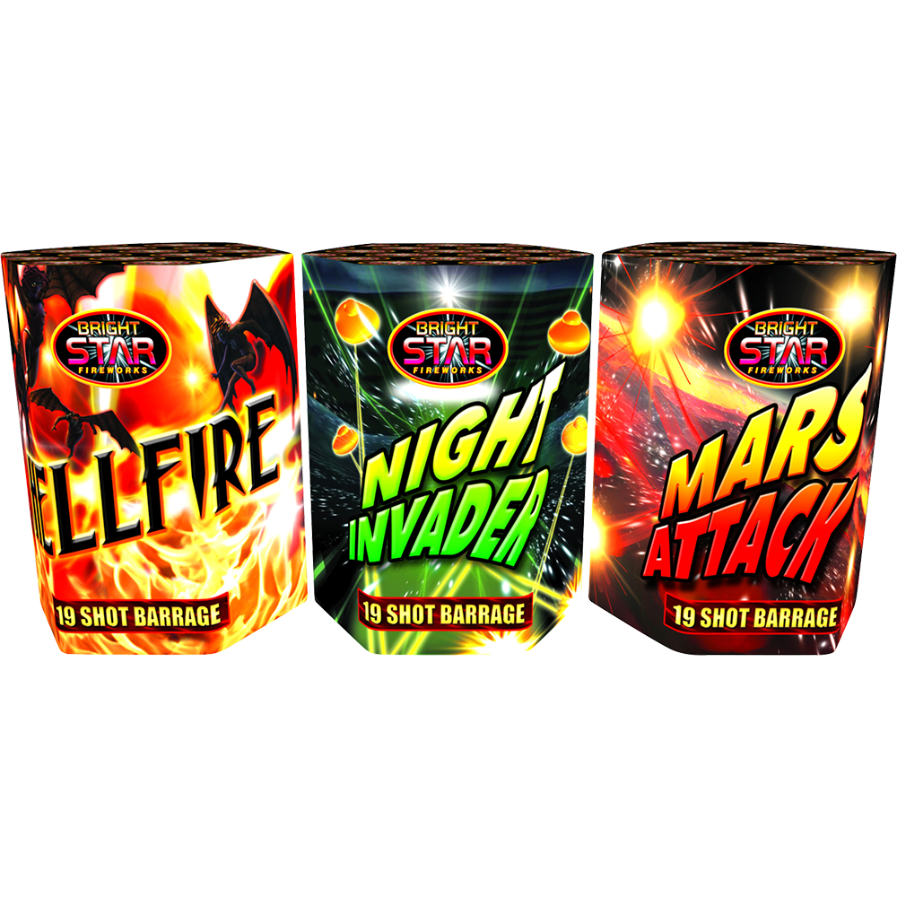 HELLFIRE/MARS ATTACK/of 19-shot Barrages 3 Pack by Bright Star Fireworks- BUY 1 GET 1 FREE!