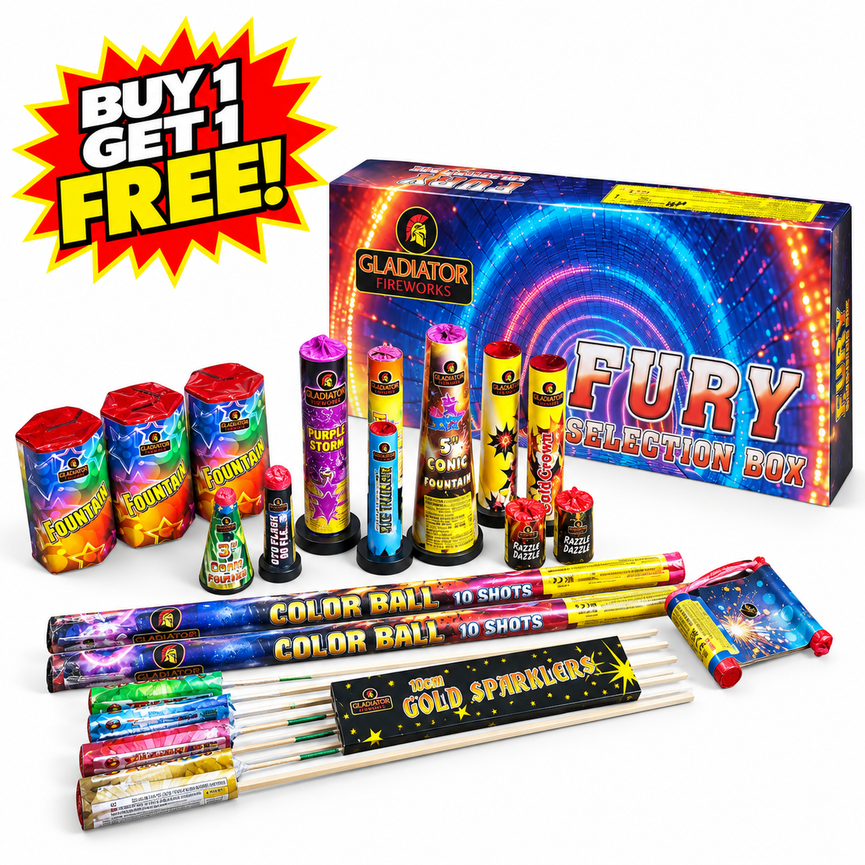 Fury 24 Pc Selection Box By Gladiator Fireworks - BUY 1 GET 1 FREE!