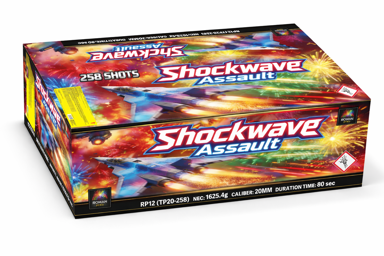 Shockwave Assault 258 Shots 1.3G Compound Cake  By Roman Pyro - SALE! - HALF PRICE! - NEW FOR 2026 - PRE-ORDER ARRIVES 26/10/2026