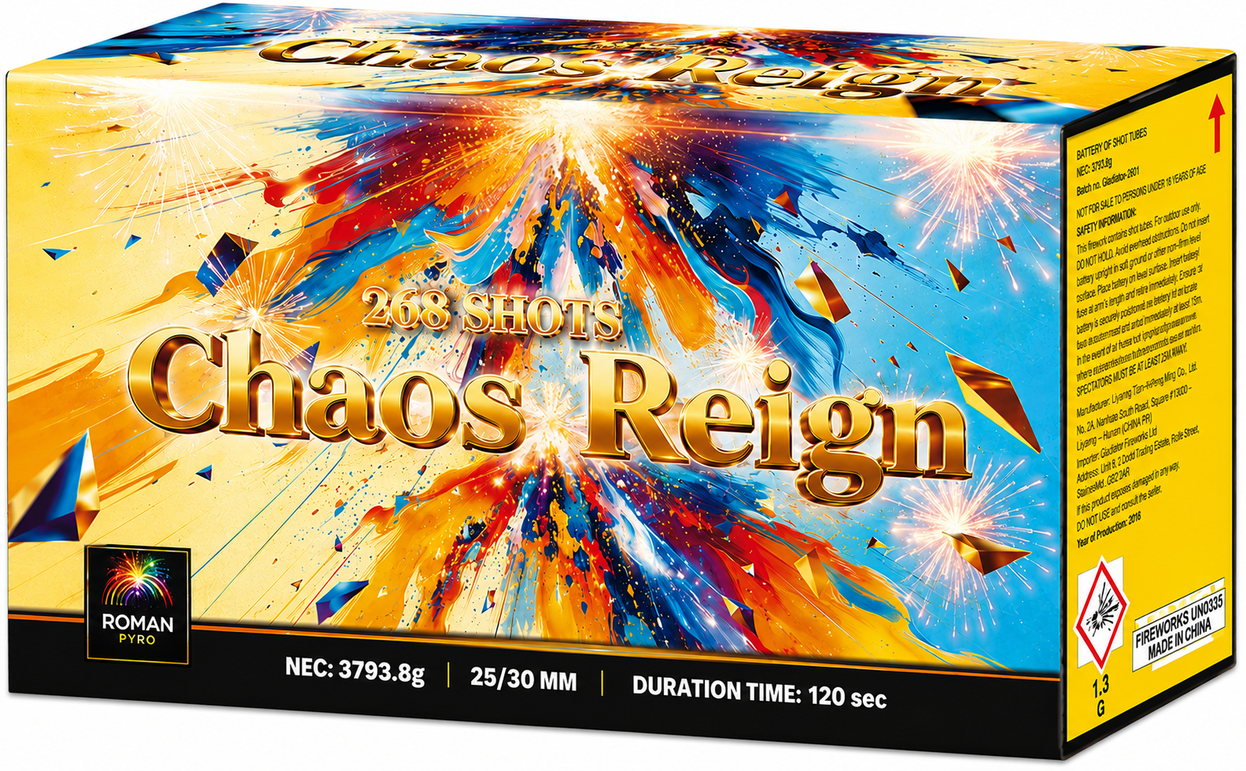 Chaos Reign 268 Shots 1.3G Compound Cake  By Roman Pyro - SALE! - HALF PRICE! - NEW FOR 2026 - PRE-ORDER ARRIVES 26/10/2026