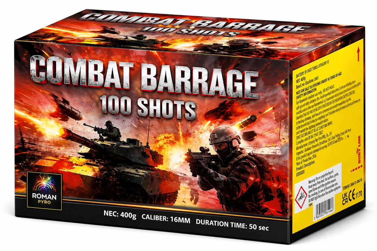 Combat Barrage 100 Shots By Roman Pyro - BUY 1 GET 1 FREE - NEW FOR 2026 - PRE-ORDER ARRIVES 26/10/2026