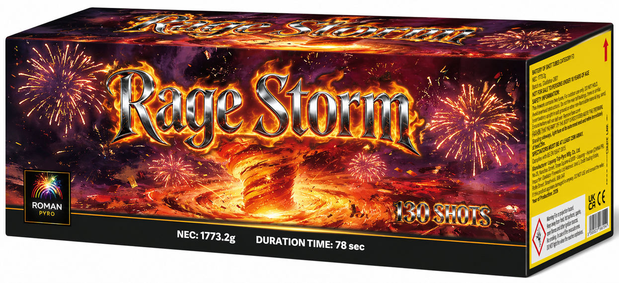 Rage Storm 130 Shots 1.3g Compound By Roman Pyro - SALE! - HALF PRICE! - NEW FOR 2026 - PRE-ORDER ARRIVES 26/10/2026